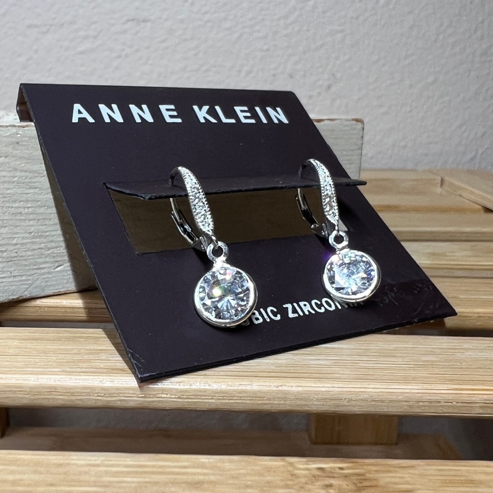 Anne Klein Silver Tone Cubic Zirconia Crystal Dangle Drop Pierced Earrings - Picture 2 of 6